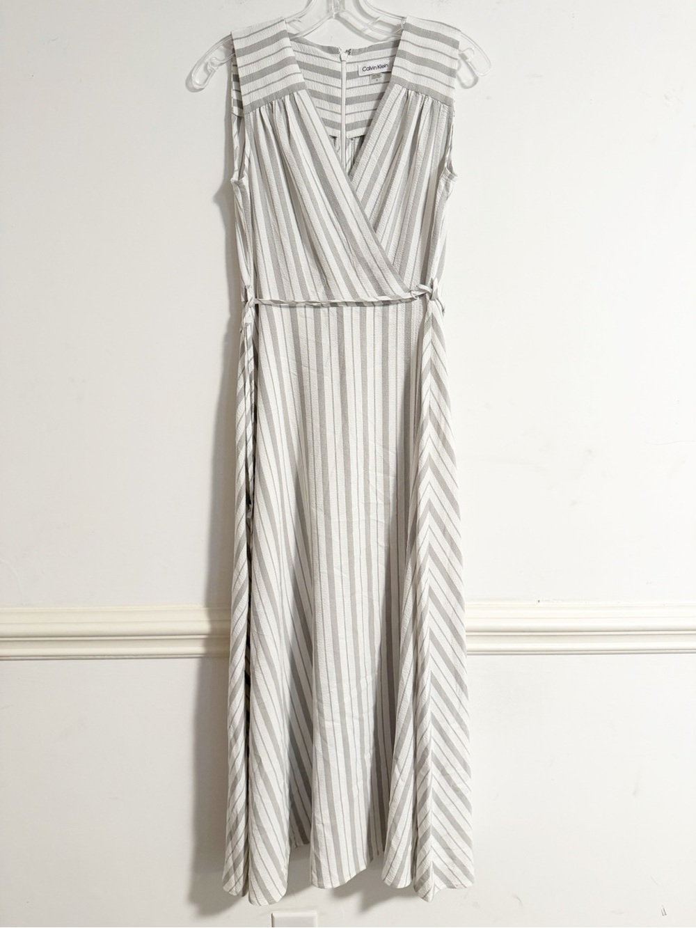 Calvin Klein Striped Faux Wrap Maxi Dress White Light Gray Size 4 EUC